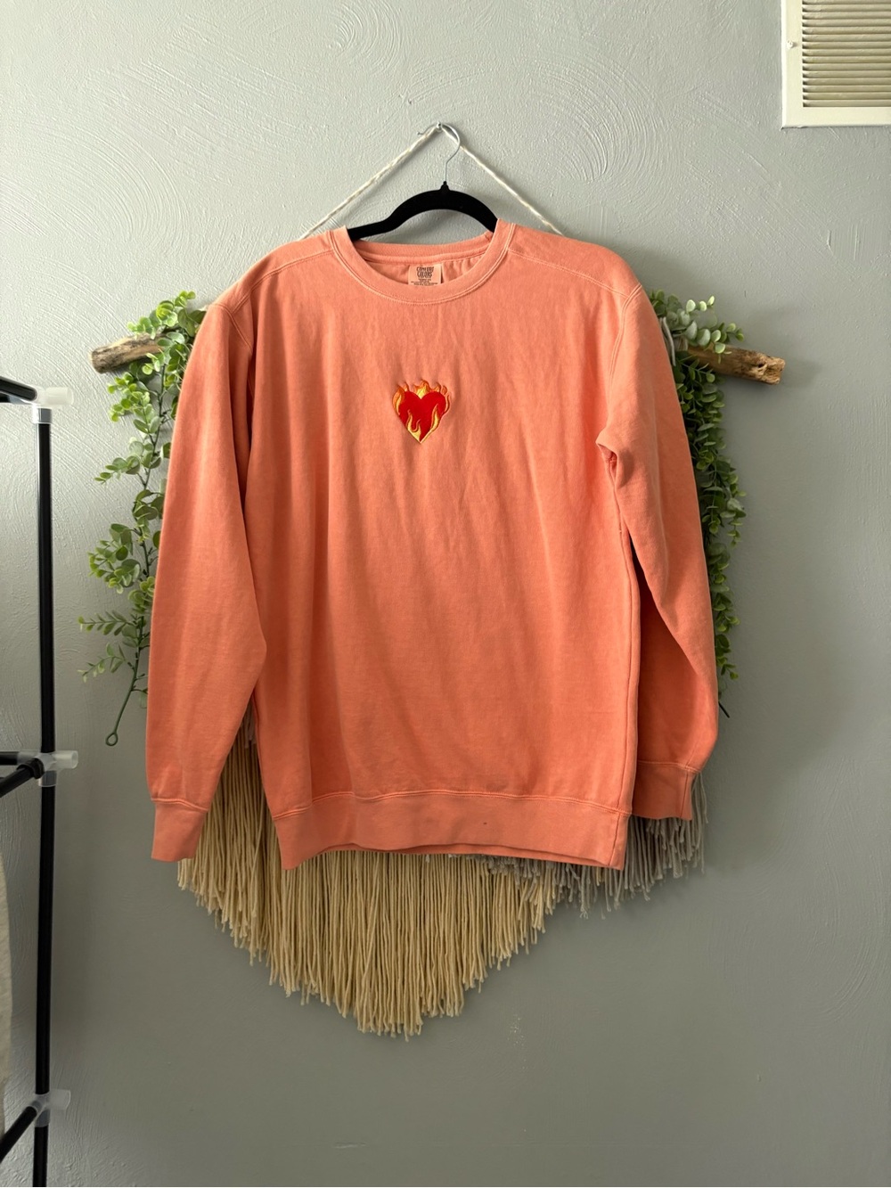 Comfort Colors Orange Crewneck Sweater with Heart Flame Motif